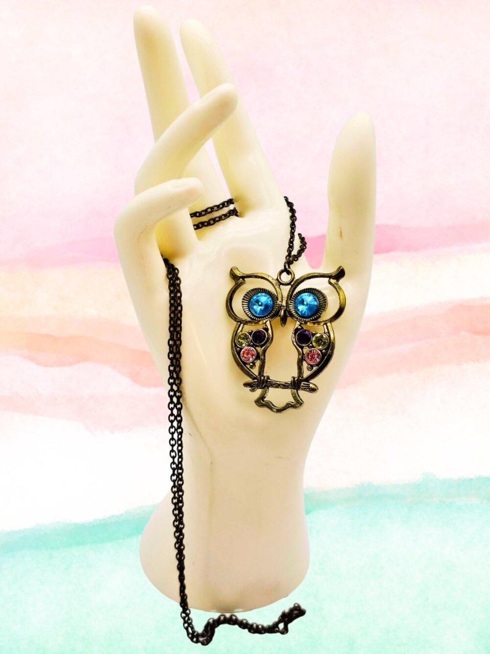 Vintage Style Owl Pendant Necklace Antique Bronze Blue Crystal Eyes Multicolor R